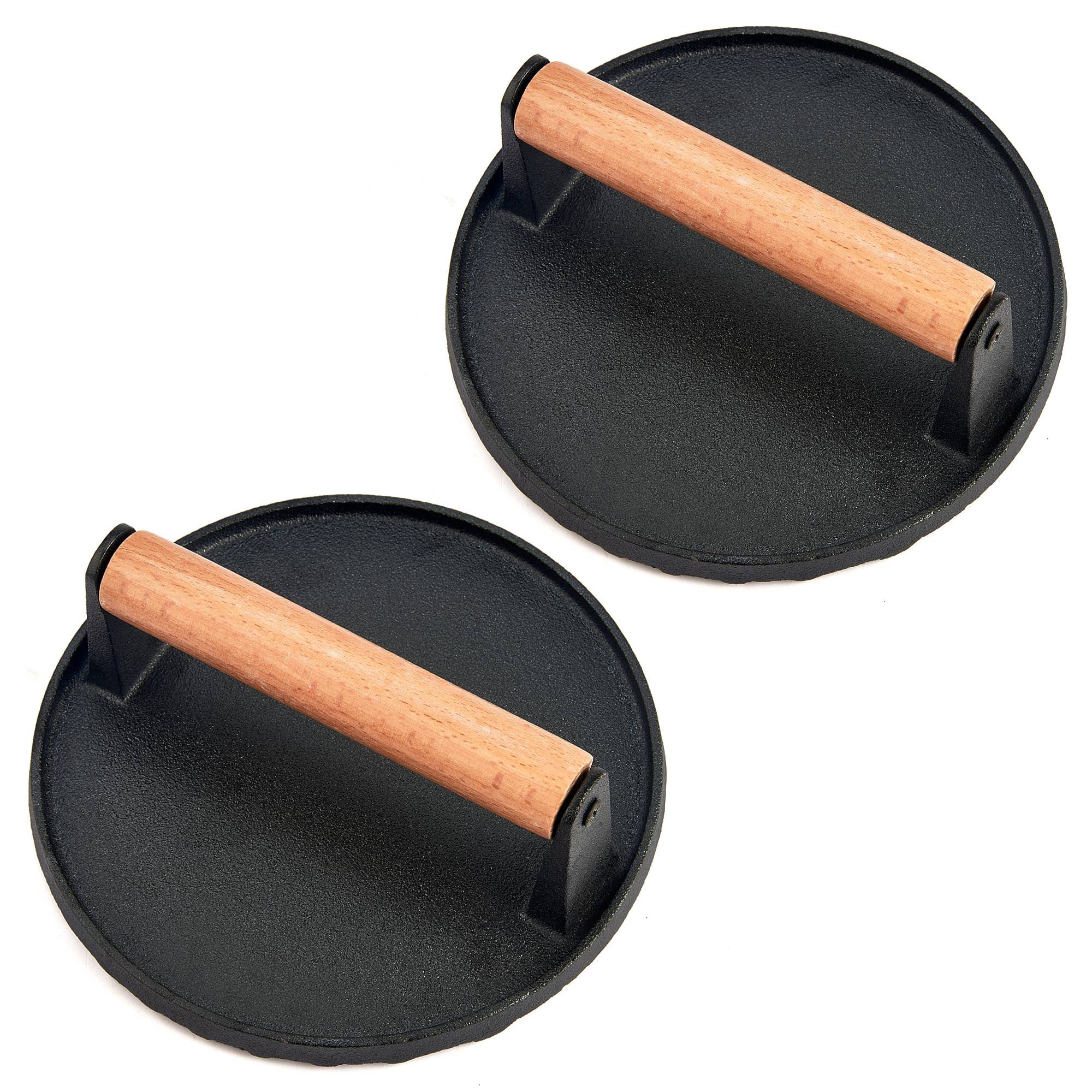 **Leonyo 2Pcs Heavy Duty Cast Iron Bacon Press - 7 Inch Round Grill Press with Wood Handle for Smash Burgers, Griddle Cooking, BBQ, Steak, Panini & Nonstick Pans - Perfect for Home Kitchen & Outdoor Grilling**