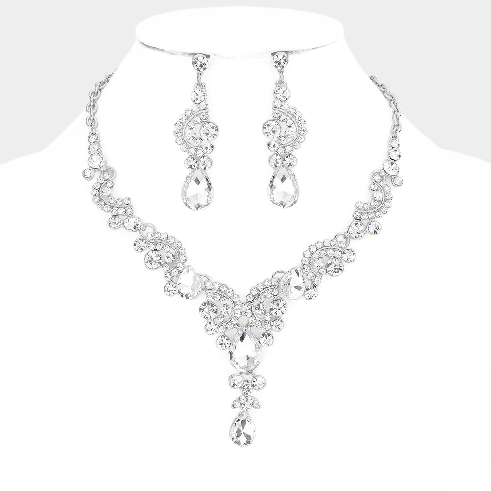 Elegant Clear Teardrop Crystal Prom Necklace Set - Dainty Statement Jewelry for Women - Perfect for Weddings, Parties & Special Occasions