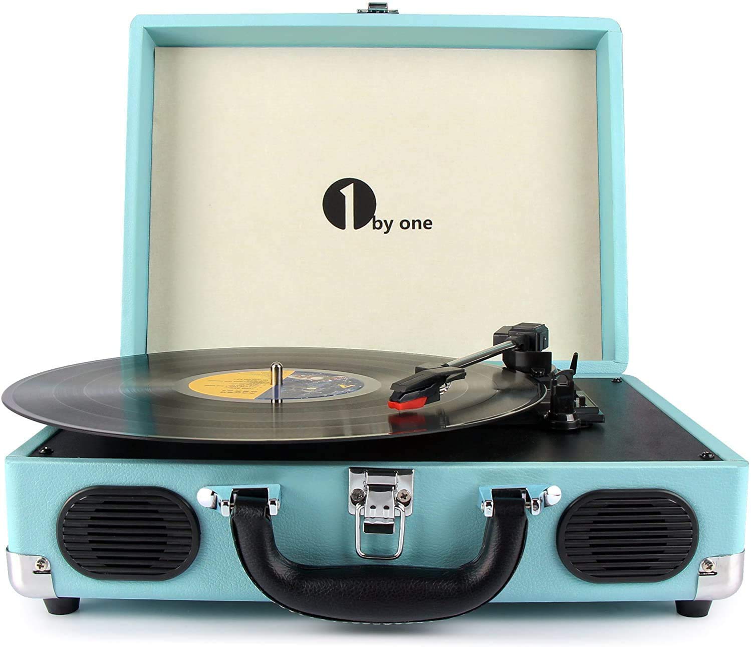 1 BY ONE Belt-Drive Bluetooth Record Player - 3-Speed Portable Vinyl Turntable with Built-in Speakers, RCA Output & Headphone Jack, MP3 & Mobile Phone Music Playback, Turquoise - Perfect for Home, Office, and Party Use