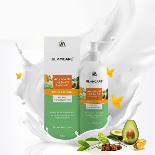 GLAMCARE Moisturizing Body Lotion with Jojoba Oil, Avocado Oil & Vitamin E for Deep Hydration, Skin Elasticity & Natural Sun Protection - 200g | Perfect for Dry Skin, Daily Moisturizing & After-Sun Care