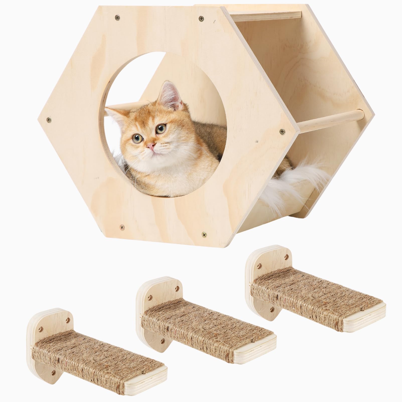 Premium Cat Wall Shelves with 3-Step Scratcher & Plush Hammock - Natural Wood Climbing Shelves for Indoor Cats - Wall Mounted Cat Furniture for Play, Rest & Vertical Space Exploration