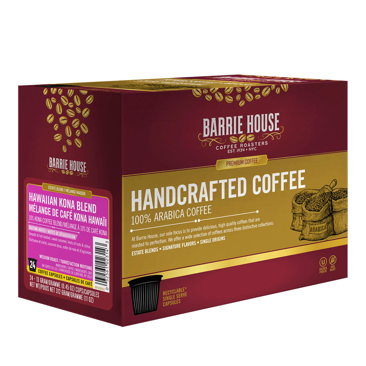 Barrie House 10% Kona Blend Single Serve Coffee Pods, 24 Count - Medium Roast for Keurig Brewers - Perfect for Office, Home & Morning Coffee Break