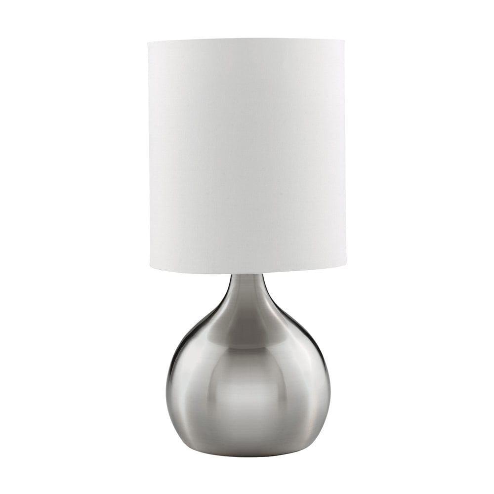 Modern Touch Table Lamp with Satin Silver Base & White Drum Shade - Bedside Nightstand Lighting for Bedroom, Living Room, Office