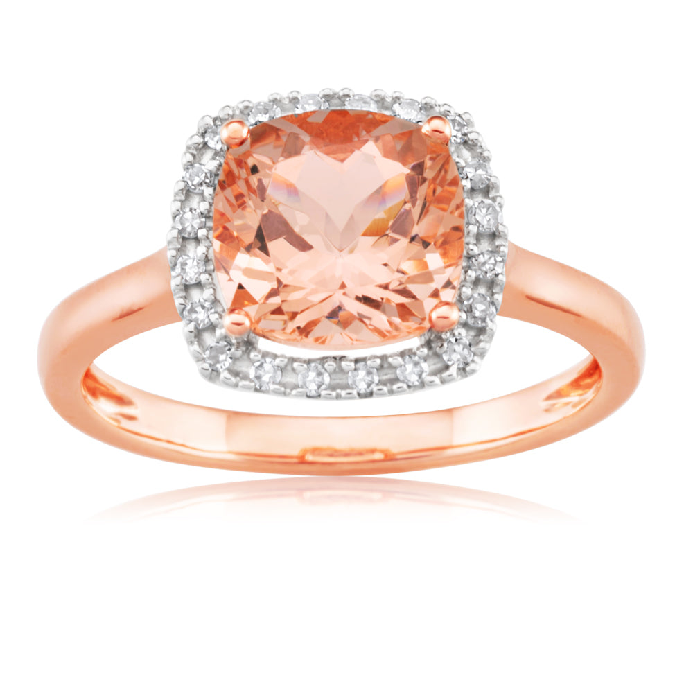 9ct Rose Gold 8mm 2.00 Carat Cushion Cut Morganite & 0.10 Carat Diamond Engagement Ring for Women - Perfect for Weddings, Anniversaries & Romantic Gifts