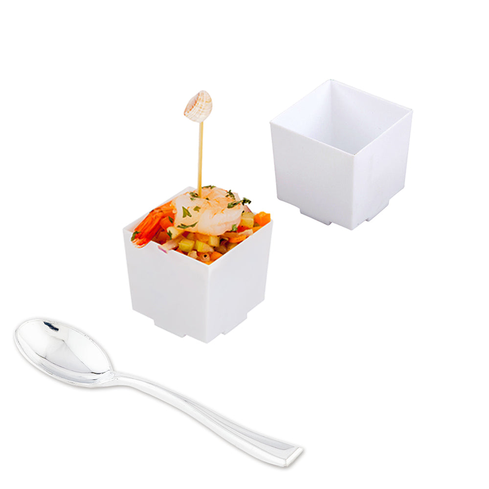 100-Pack 3 oz Square White Plastic Quadrato Cups with 100 Silver Mini Spoons - Perfect for Parties, Desserts, and Coffee Sampling