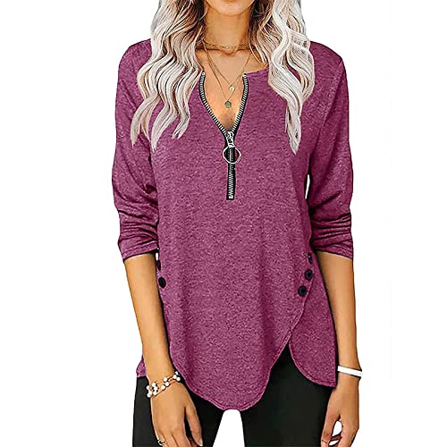 Women's Casual Fall Long Sleeve Button Neck Zipper T-Shirt - Comfortable Autumn Blouse for Work, Dating & Everyday Wear