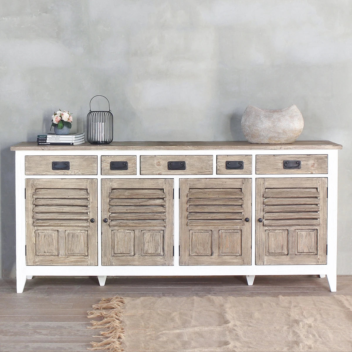 Handmade Indian Solid Mango Wood Sideboard with 4 Doors & 5 Drawers - Ethreal Whites Collection | Rustic Dining Room Buffet for Home Decor & Storage