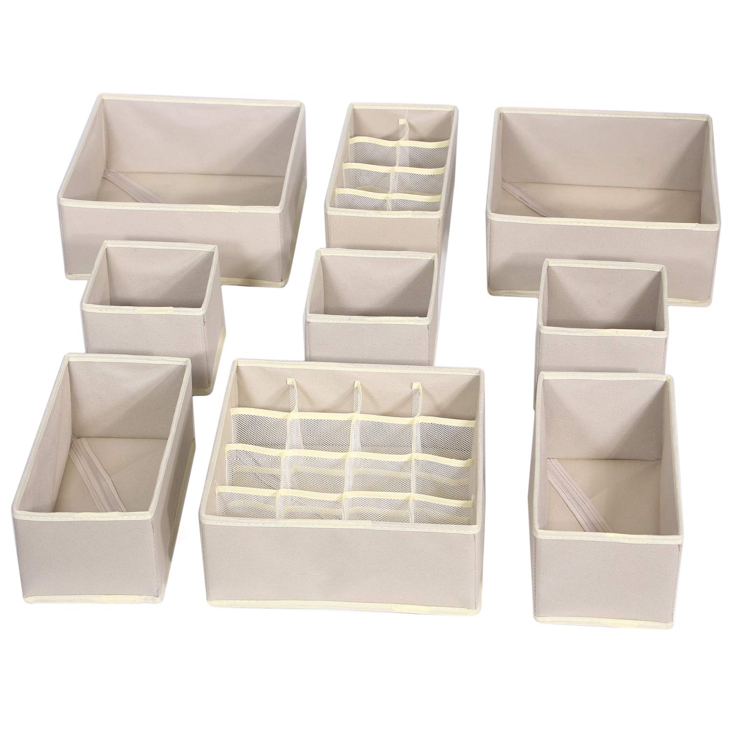 9-Pack Foldable Fabric Drawer Organizer Dividers - Cloth Storage Boxes & Bins for Underwear, Bras, Socks, Panties - Closet & Dresser Organizer for Nursery, Baby Clothes & Lingerie (Beige) - Space-Saving Home & Office Storage Solution