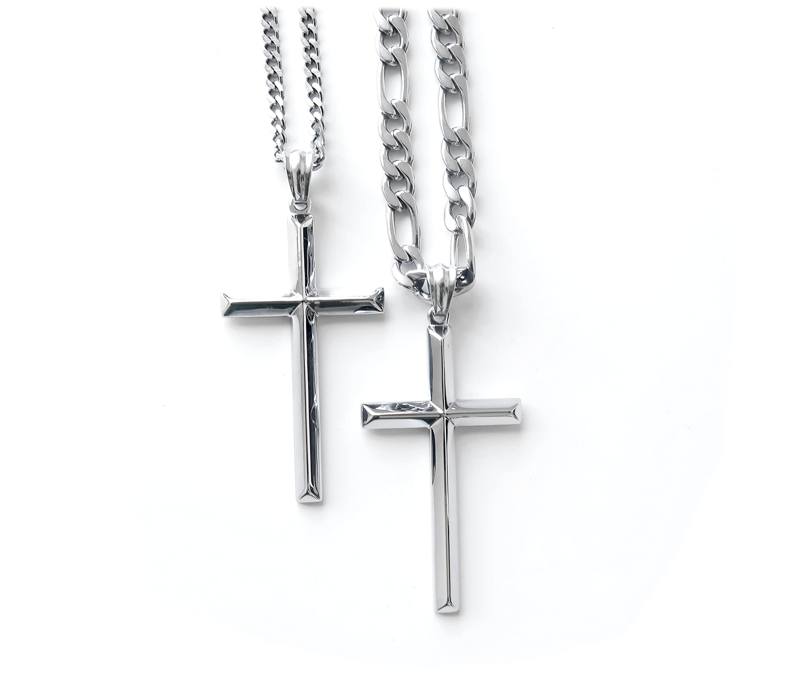 14K White Gold Figaro Chain Cuban Link Style Cross Pendant Necklace for Men - Solid Clasp, Diamond Cut, Religious Jewelry - Perfect Gift for Husband, Father, Birthday, Anniversary & Special Occasions