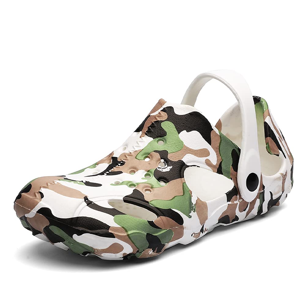 BEILA Men's & Women's Classic Off-Road Sport Clogs - Camouflage White Slip-On Garden Sandals | Lightweight Water Shoes for Summer, Hiking, Beach & Outdoor Activities (Size 7.5)