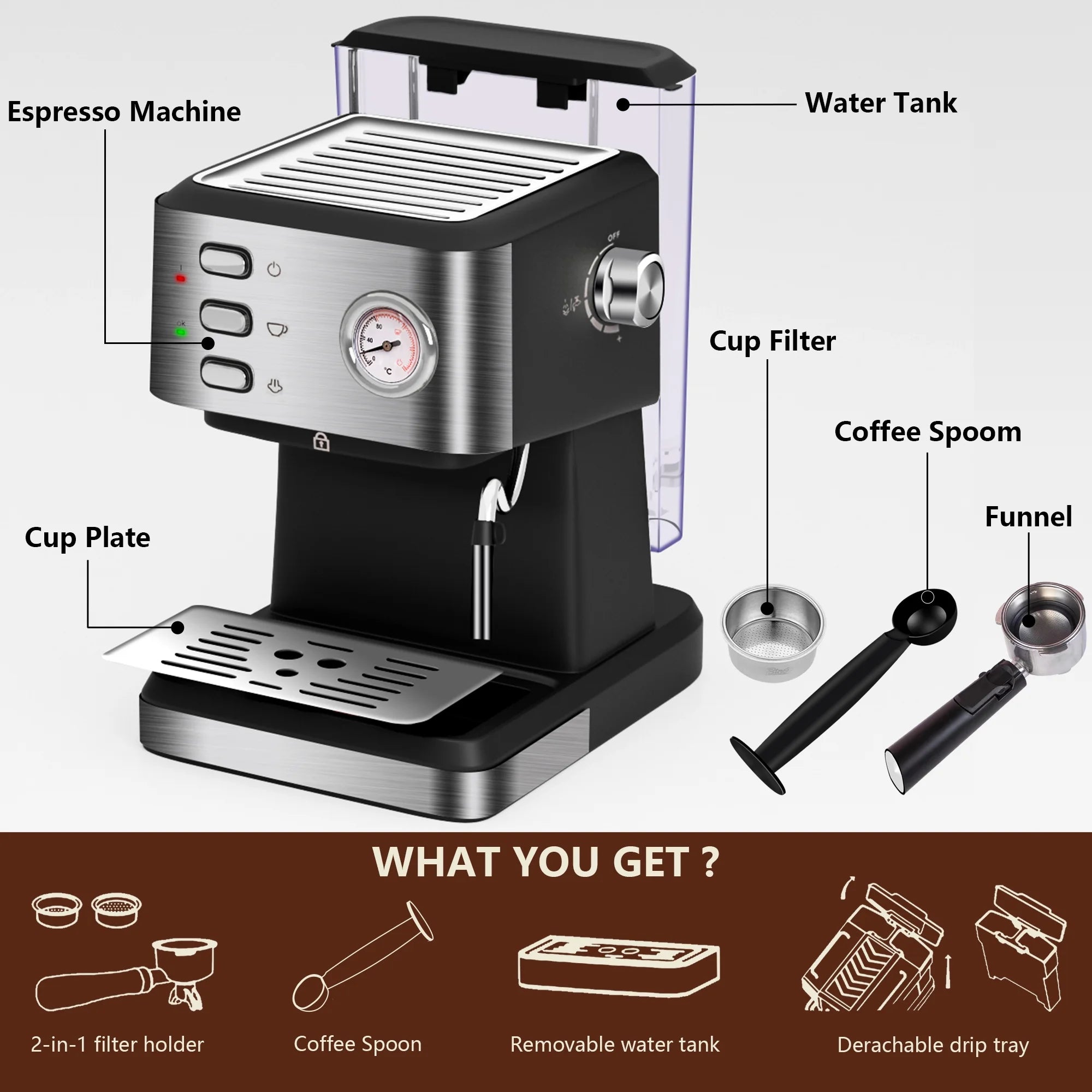 Bluebow CM3020 Espresso Machine 20 Bar Pressure with Milk Frother, 1.5L Removable Water Tank & Pressure Gauge - Professional Silver Coffee Maker for Home & Office Use