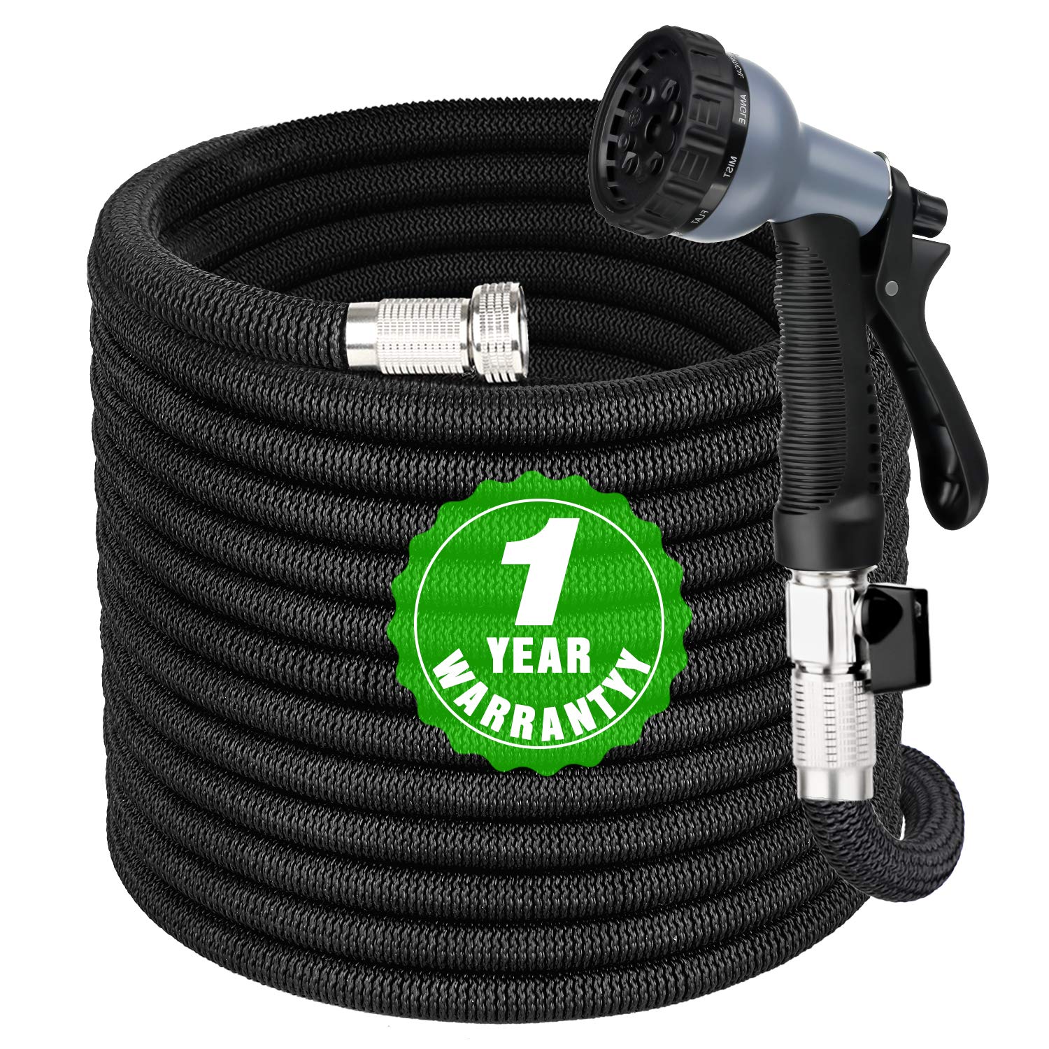 25ft Expandable Garden Hose with 8-Function Nozzle - Lightweight, Kink-Free, Flexible Outdoor Water Hose for Yard, Lawn & Car Washing (Black, Freshwater Safe, 1 Year Warranty)