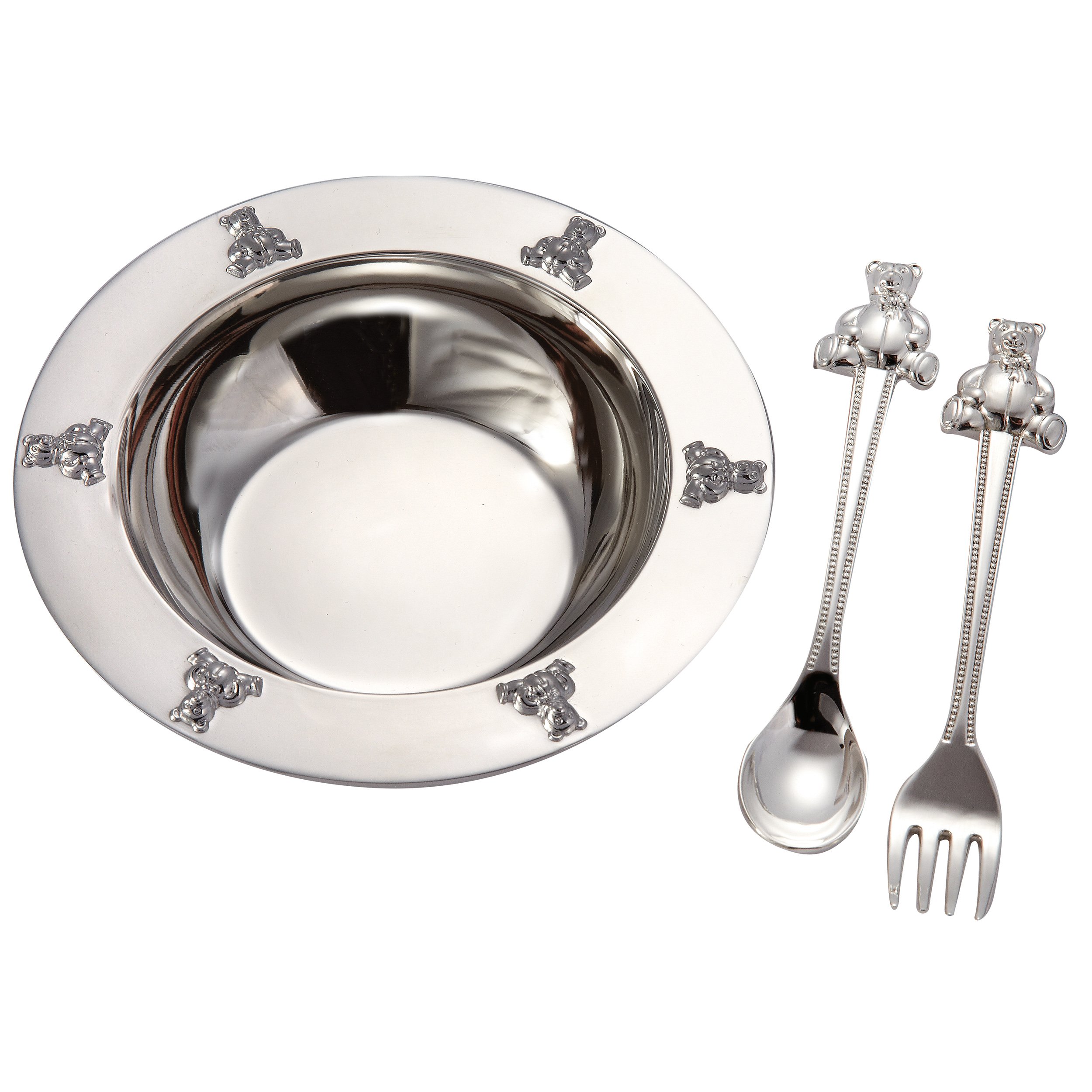 Sterling Silver-Plated Baby Bear Bowl, Spoon & Fork Set - Adorable 3-Piece Feeding Utensils for Toddlers & Infants | Perfect for First Birthday Gifts, Baby Showers & Everyday Mealtime