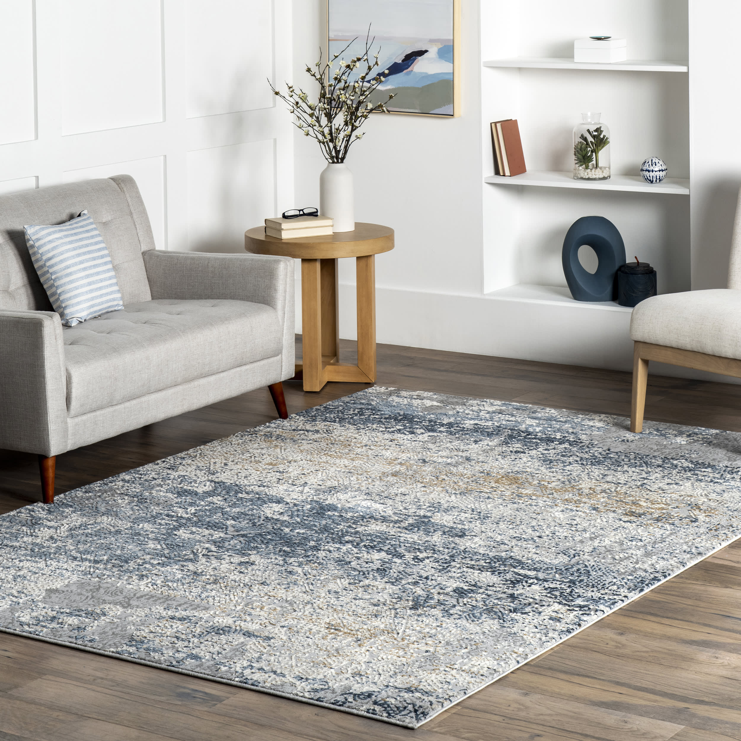 Abstract Jungle Area Rug in Blue - Modern Bohemian Floor Decor for Living Room, Bedroom & Nursery