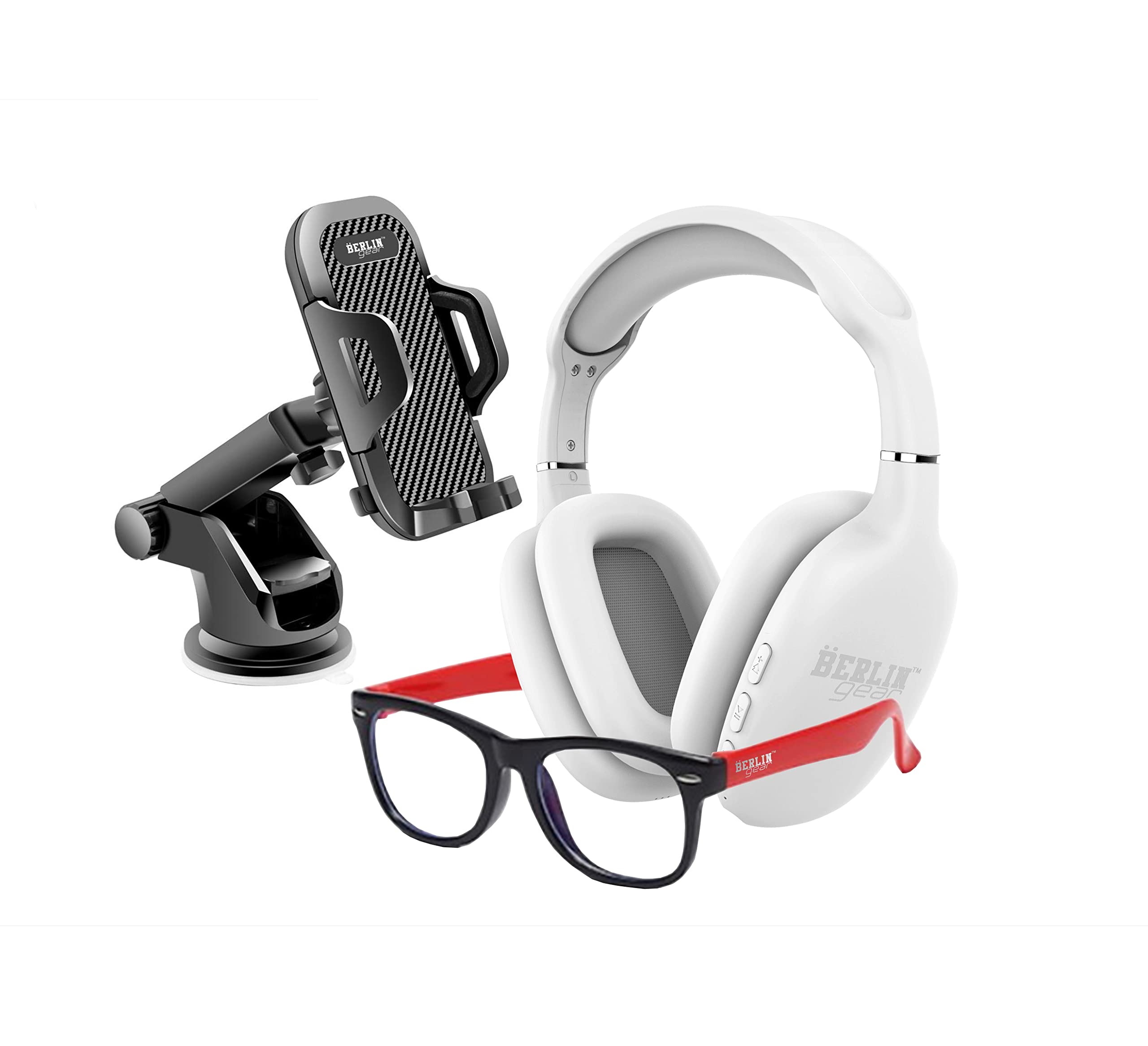 Berlin Gear Youth Bluetooth Headphones with Blue Light Blocking Glasses & Universal Phone Mount - White | Wireless Audio for Kids, Screen Protection, Car Travel Accessories