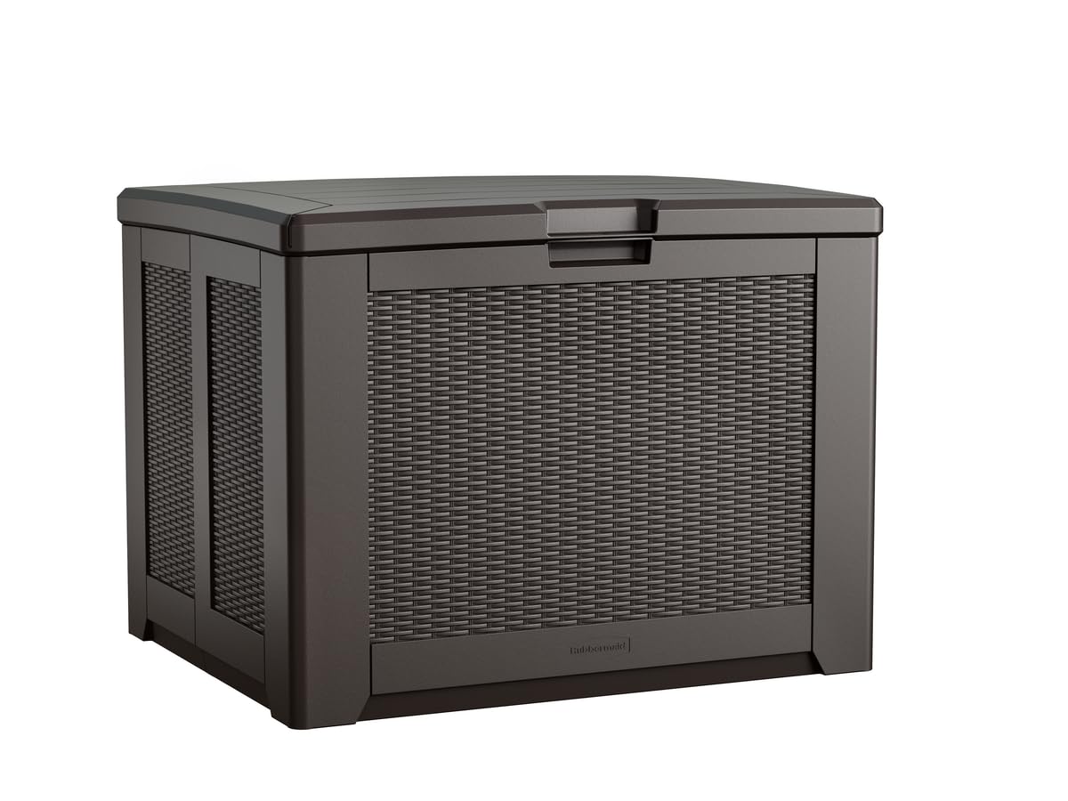 Rubbermaid 74-Gallon Medium Resin Outdoor Storage Deck Box - Weatherproof Brown Deck Organizer for Pool Toys, Garden Tools, Patio Cushions & Backyard Accessories | Perfect for Poolside, Patio & Garage Storage