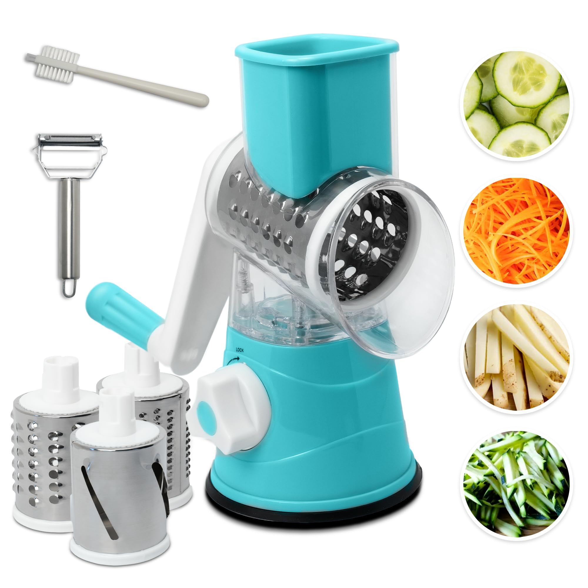 Rotary Cheese Grater - Stainless Steel Hand Crank Shredder for Cheese, Fruits & Vegetables | Includes Cleaning Brush & Peeler | Perfect for Pizza, Salads & Meal Prep | Kitchen Gadgets & Essential Tools