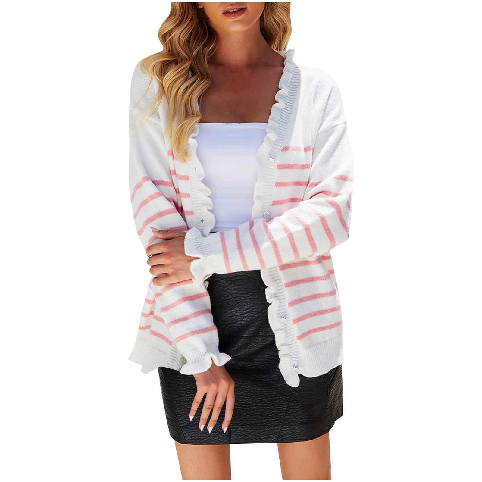 Women's Large Size Titanium Snap Cardigan - Striped Knitted Cute Collar Sweater Top | Perfect for Office Wear, Casual Outfits & Fall Layering