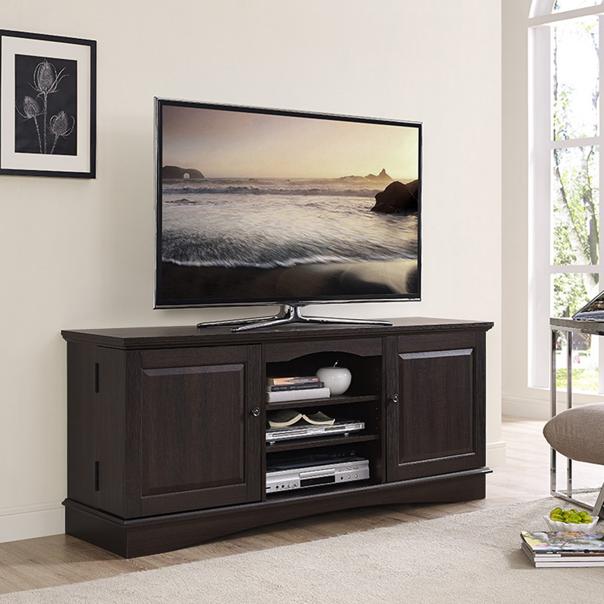Walker Edison 44 Inch Espresso Brown Traditional Wood TV Stand with Storage Cabinet - Universal Entertainment Center for TVs up to 75