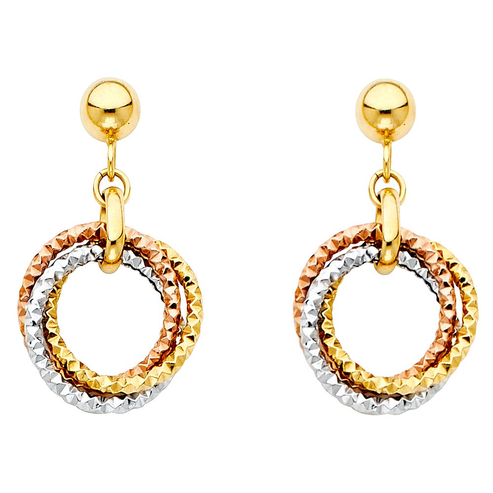 14K Tri-Color Gold Hanging 3 Rings Earrings for Women - 25mm X 15mm Dainty Hoop Earrings - Perfect for Parties, Weddings & Everyday Wear
