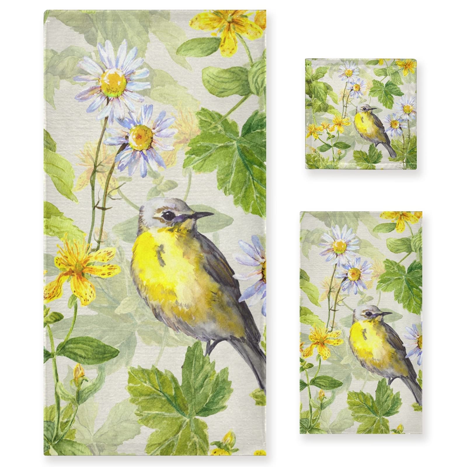 ALAZA 3-Piece Luxury Bath Towel Set - Soft Absorbent Bird in Spring Grasses Meadow Flowers Design (1 Bath Towel, 1 Hand Towel, 1 Washcloth) for Bathroom, Beach, Gym & Spa | Decorative & Quick-Drying Towels