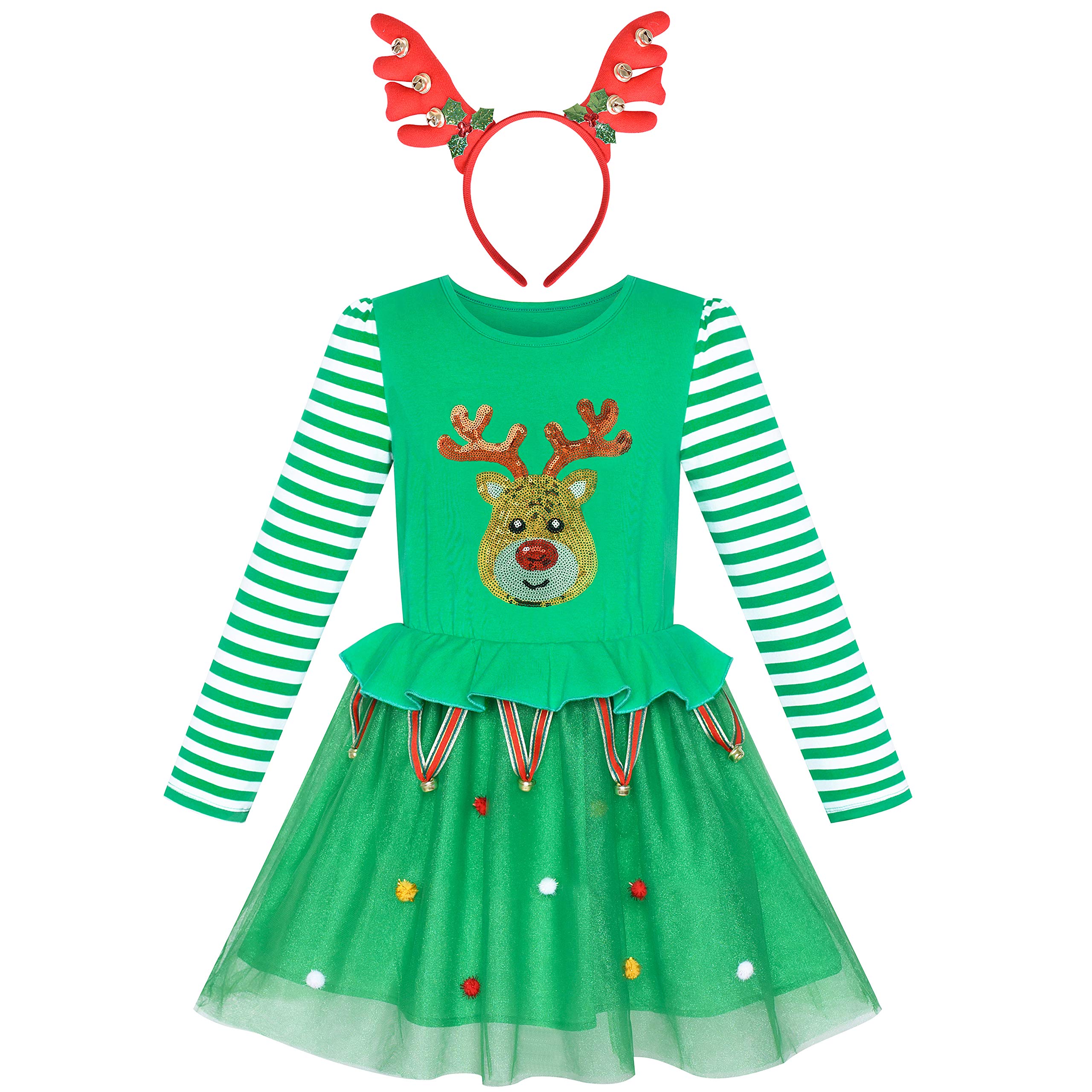 Sunny Fashion Girls Christmas Party Dress with Reindeer Headband - Long Sleeve Santa-Themed Holiday Outfit for Festive Gatherings & Family Photos