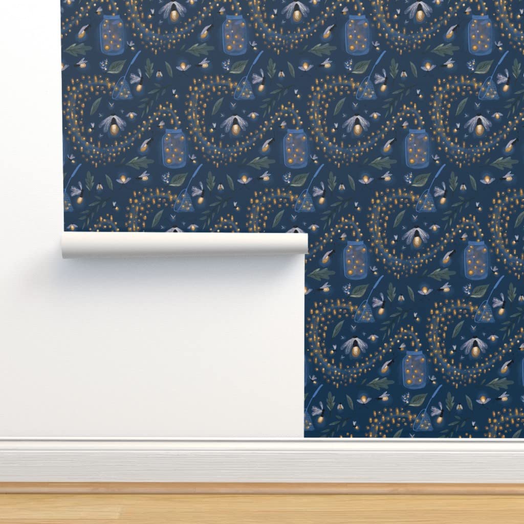 Peel & Stick Removable Wallpaper - 12ft x 2ft Summer Fireflies & Leaves Design | Custom Large Bugs Picnic Magic Wallpaper by Spoonflower | Perfect for Bedroom, Nursery, or Home Office Decor