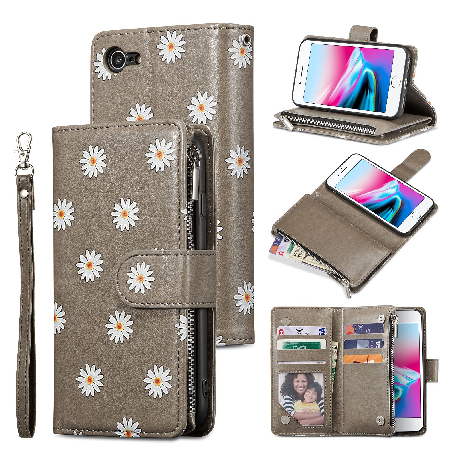 Premium PU Leather Magnetic Wallet Case for iPhone SE 2022/SE3/iPhone 7/iPhone 8/iPhone SE 2020 - Daisy Grey with Card Slots & Kickstand | Slim Protective Flip Cover for Everyday Use, Travel & Business
