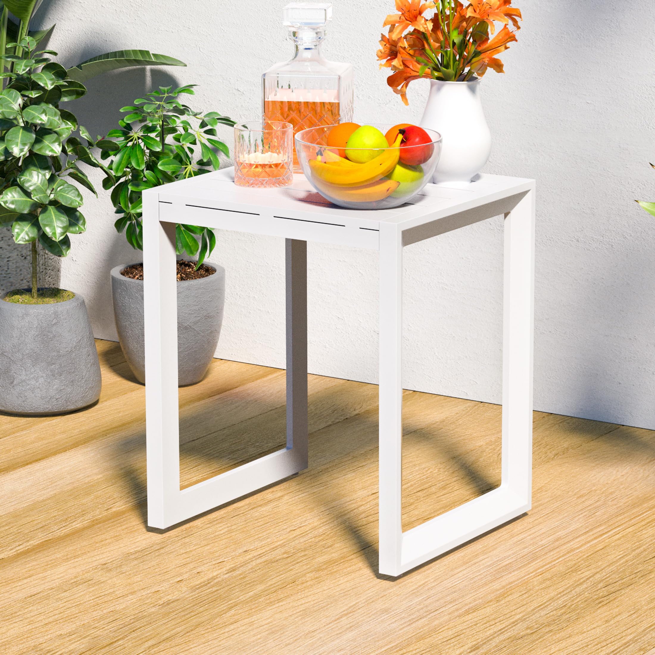 White Aluminum Outdoor Side Table - Small Square Patio Coffee Bistro End Table for Garden, Poolside & Balcony Decor