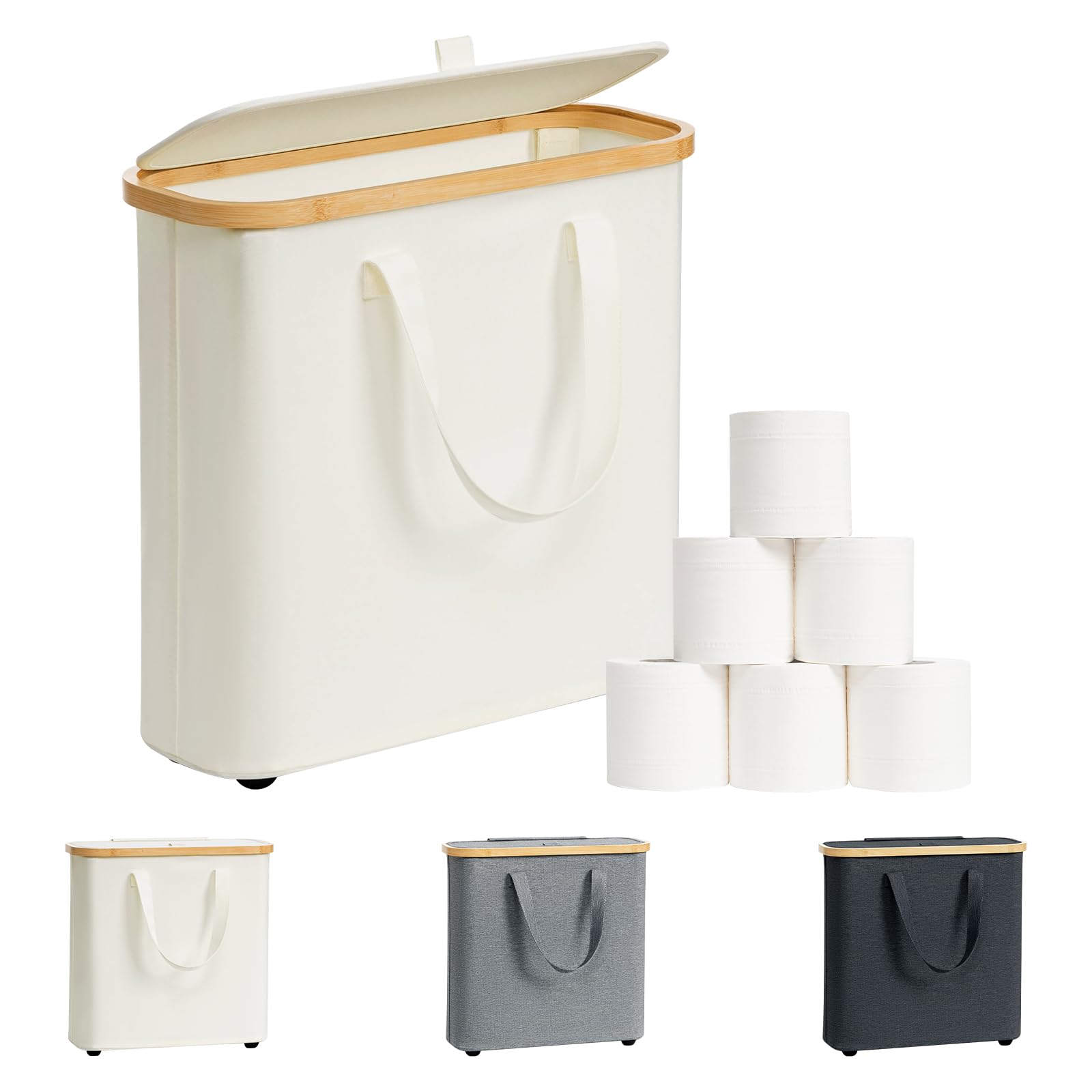 30L Bamboo Toilet Paper Storage Basket with Lid & Handle - Bathroom Tissue Organizer for 12-16 Rolls, Free Standing Toilet Paper Holder Stand - Perfect for Bathroom, Laundry Room, or Closet Storage Organization