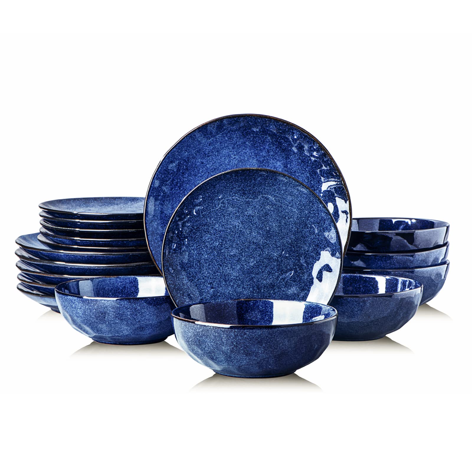 Vicrays 18-Piece Ceramic Dinnerware Set - Fluted Dinner Plates, Salad Plates & Bowls - Microwave, Oven & Dishwasher Safe - Scratch Resistant - Perfect for Home, Party & Restaurant Use (Blue) - Elegant Table Setting for Everyday Meals & Special Occasions