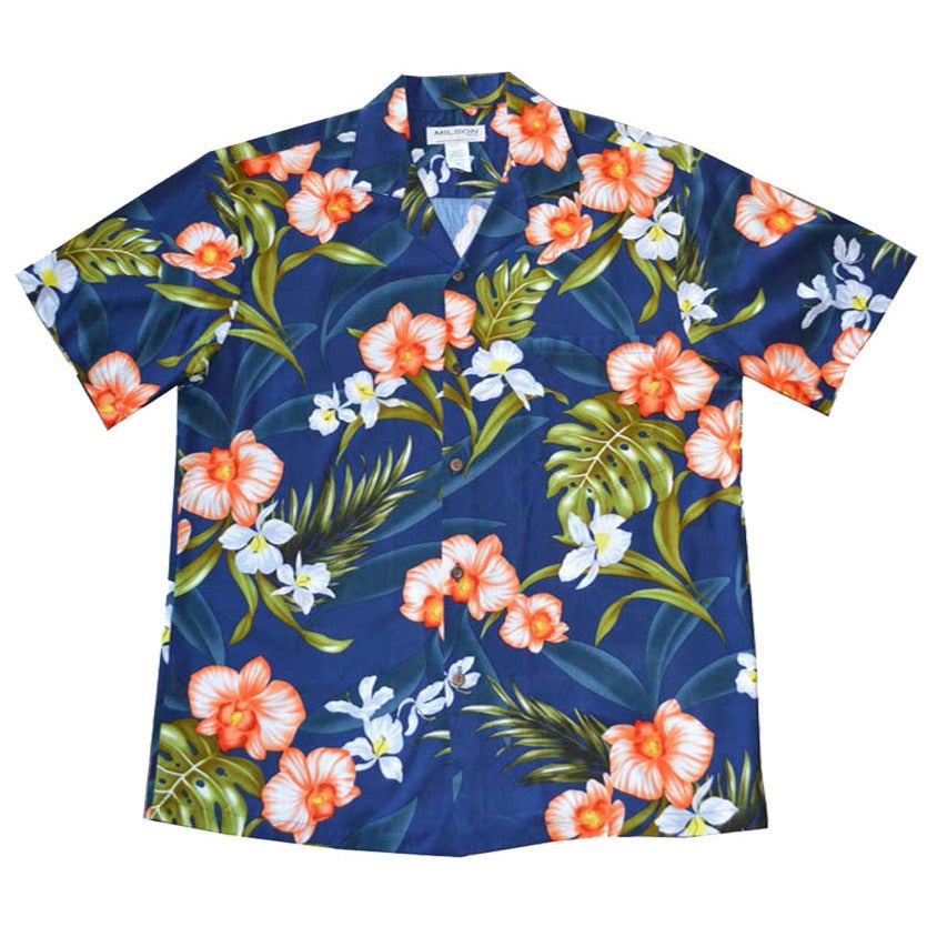 Rayon Men's Aloha Shirt with Orchid Print - Lightweight Hawaiian Shirt for Summer, Beach, and Tropical Vacations