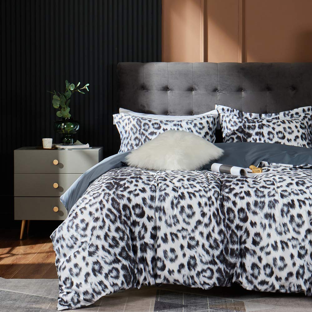 100% Long Staple Cotton Duvet Cover Set - Leopard Print King Size Comforter Cover, White & Black Cheetah Animal Pattern | Soft Breathable Bedding for Master Bedroom, Guest Room & Dorm Decor