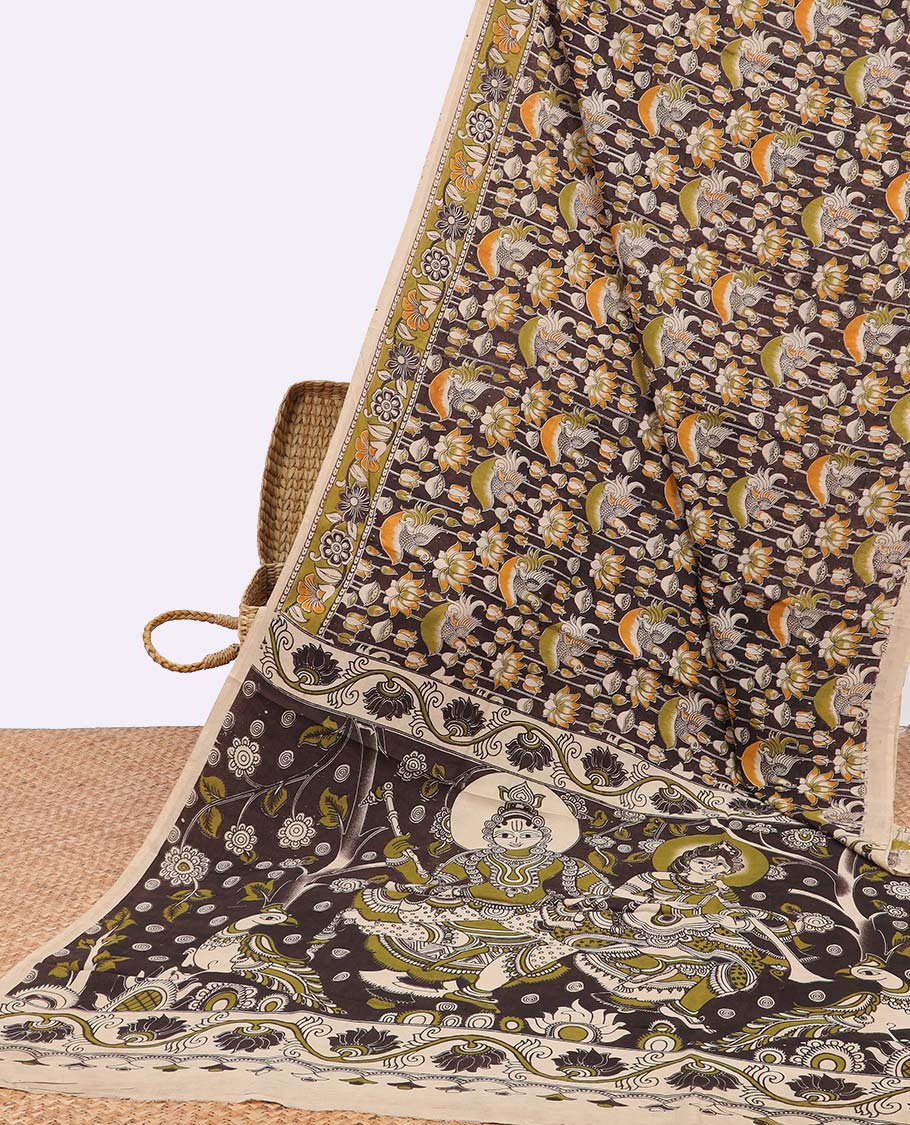 Handmade Kalamkari Cotton Saree with Black Floral & Animal Motifs - Contrast Border & Intricate Pallu Design | Perfect for Weddings, Festivals & Ethnic Occasions