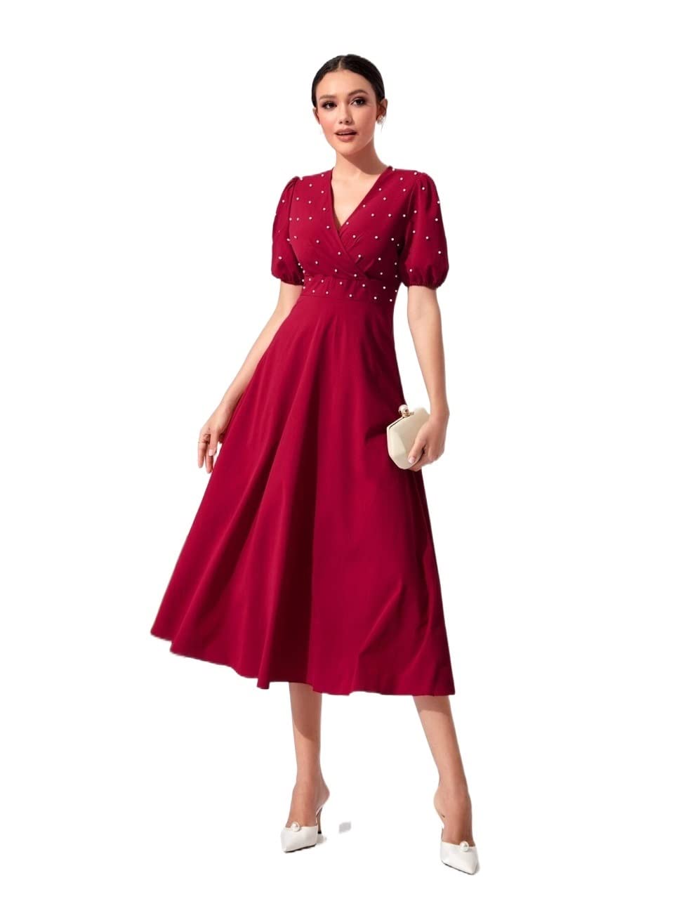 2022 Women's Summer Pearl Beaded Surplice Neck Puff Sleeve Dress - Elegant Floral Print Beach Dress for Vacation, Party & Outdoor Events