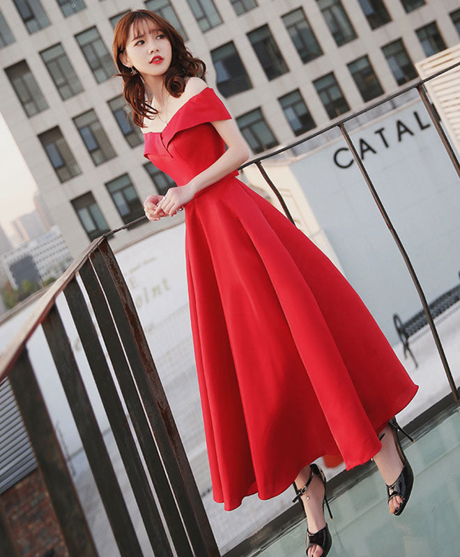 Elegant Red Off-Shoulder Tea Length Prom Dress for Women - Sexy Evening Gown for Homecoming, Cocktail Parties & Formal Events