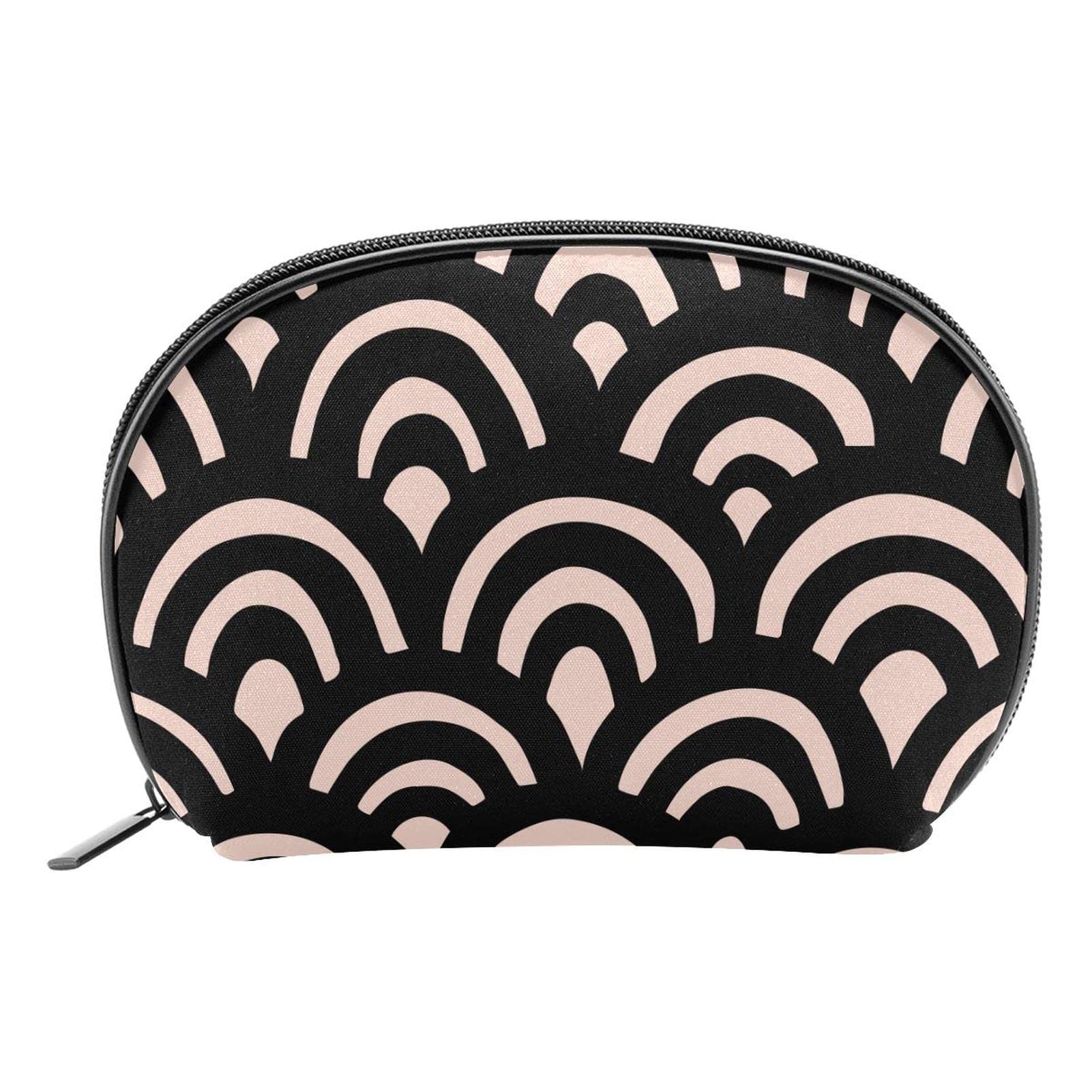 Small Makeup Bag for Women - Half Moon Cosmetic Pouch & Travel Toiletry Organizer | Black Geometric Scale Pattern | Perfect for Travel, Gym & Daily Beauty Essentials