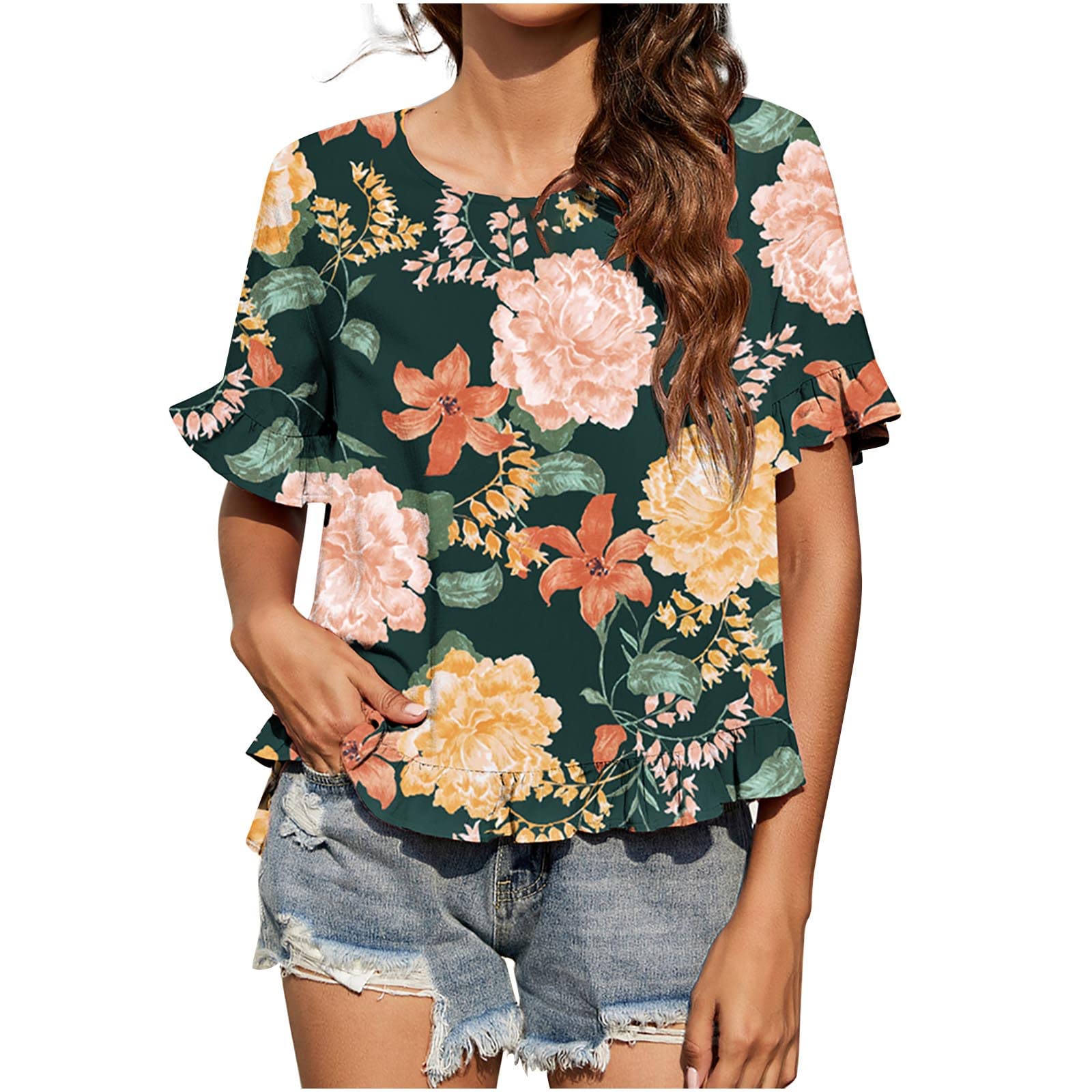 Trendy Boho Floral Print Short Sleeve T-Shirt for Women - Casual Loose Fit Round Neck Tunic Top for Summer Outings, Beach Vacations & Music Festivals