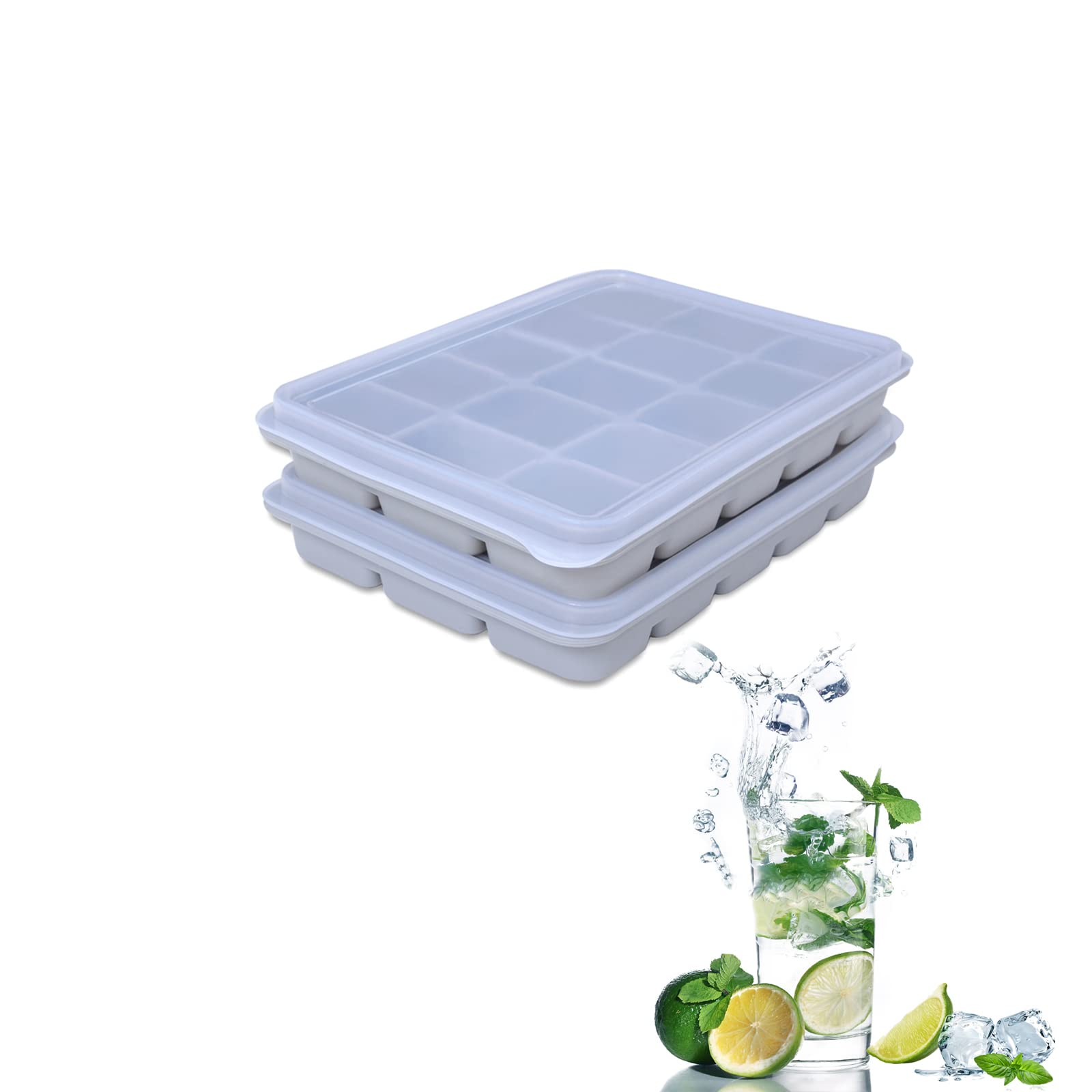 2-Pack Silicone Ice Cube Trays with Lids - BPA Free, Flexible & Easy Release for Whiskey, Cocktails, Baby Food - Stackable Freezer Trays for Home, Office, Party Use (Snow Gray)