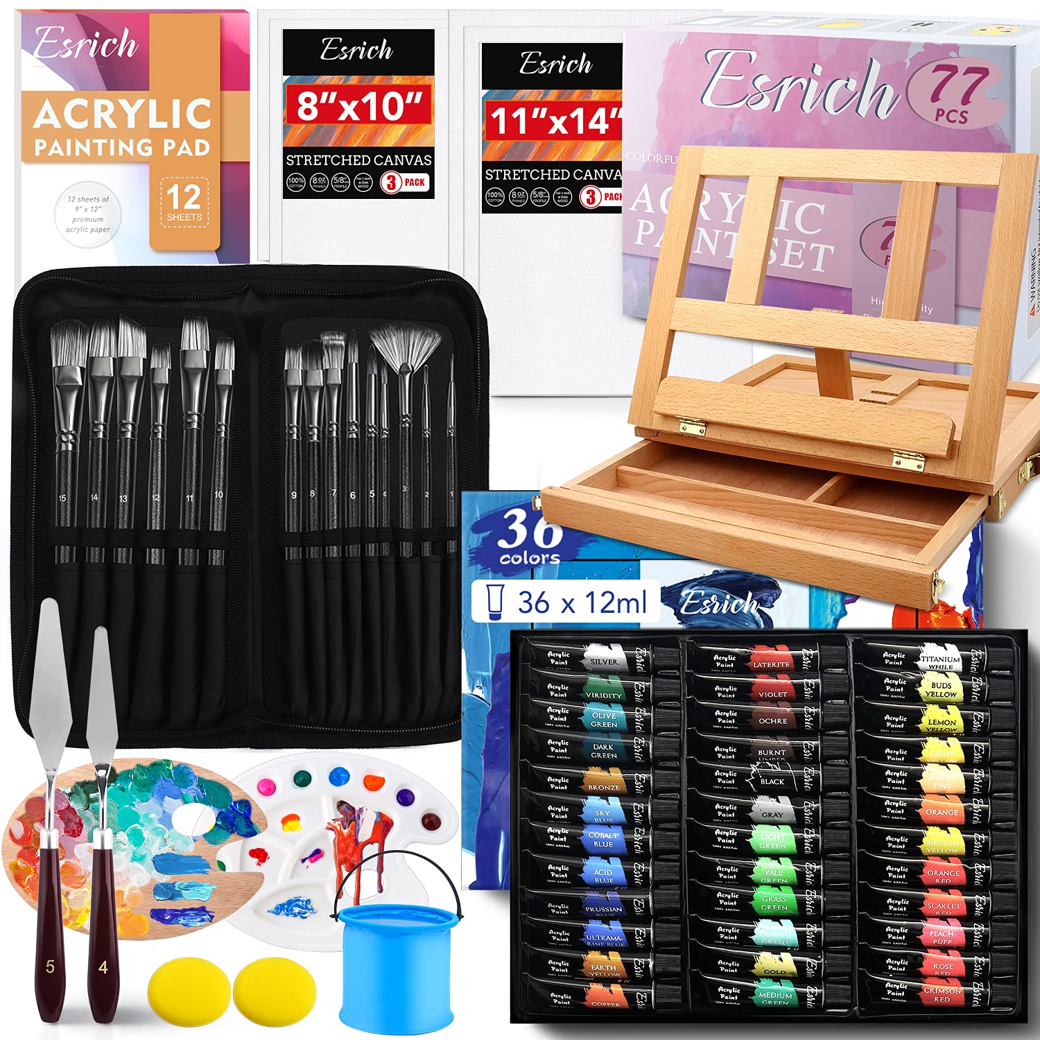 77 PCS Professional Acrylic Paint Set with Brushes, Easel, Canvases & Art Supplies - Complete Painting Kit for Beginners & Artists - Perfect for Canvas Art, DIY Projects & Home Decor