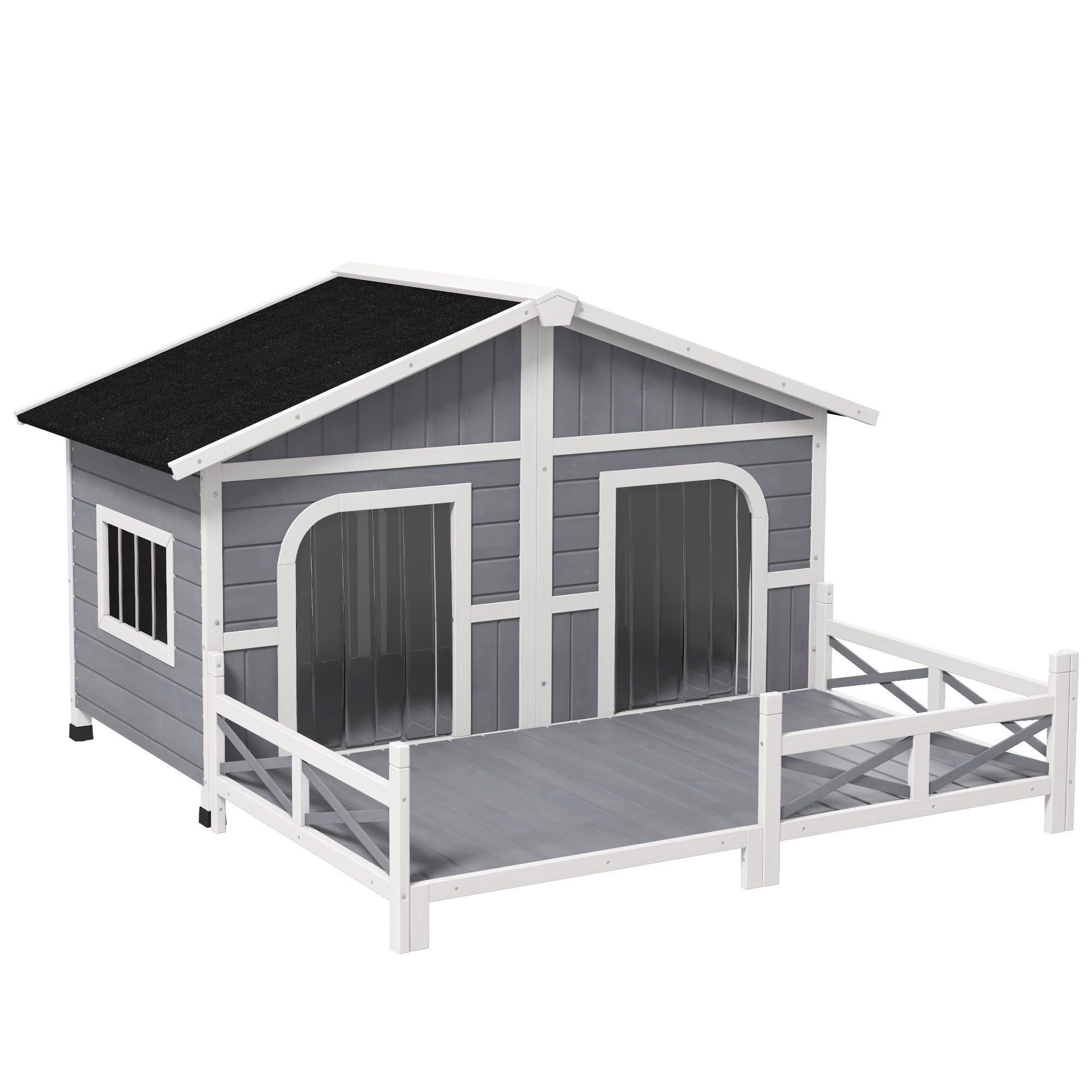 PawHut Weatherproof Wooden Outdoor Dog House with Porch - Double Room, Openable Roof & Removable Bottom - Elevated Floor Design for Small to Medium Dogs (Gray) - Perfect for Backyard, Patio or Garden Pet Shelter
