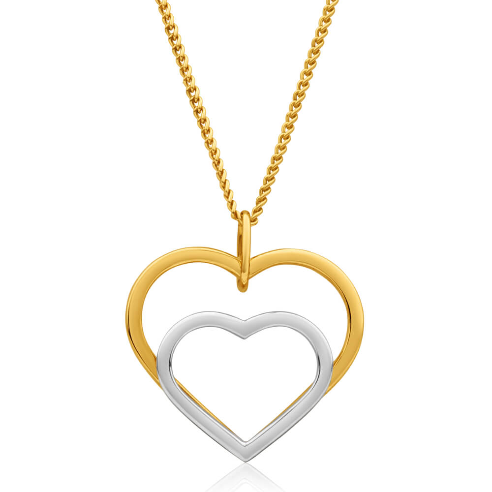 9ct Yellow Gold & White Gold Double Heart Pendant Necklace - Small White Heart Charm for Women - Perfect for Valentine's Day, Anniversary & Romantic Gifts