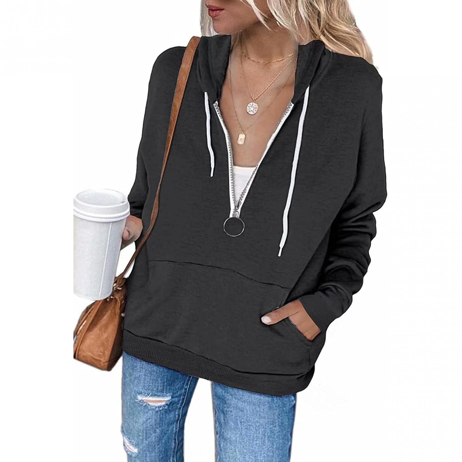Stylish Women's Zip Pocket Long Sleeve Hoodie - Soft Solid Color Pullover Sweatshirt for Casual Wear, Outdoor Activities & Lounge Comfort