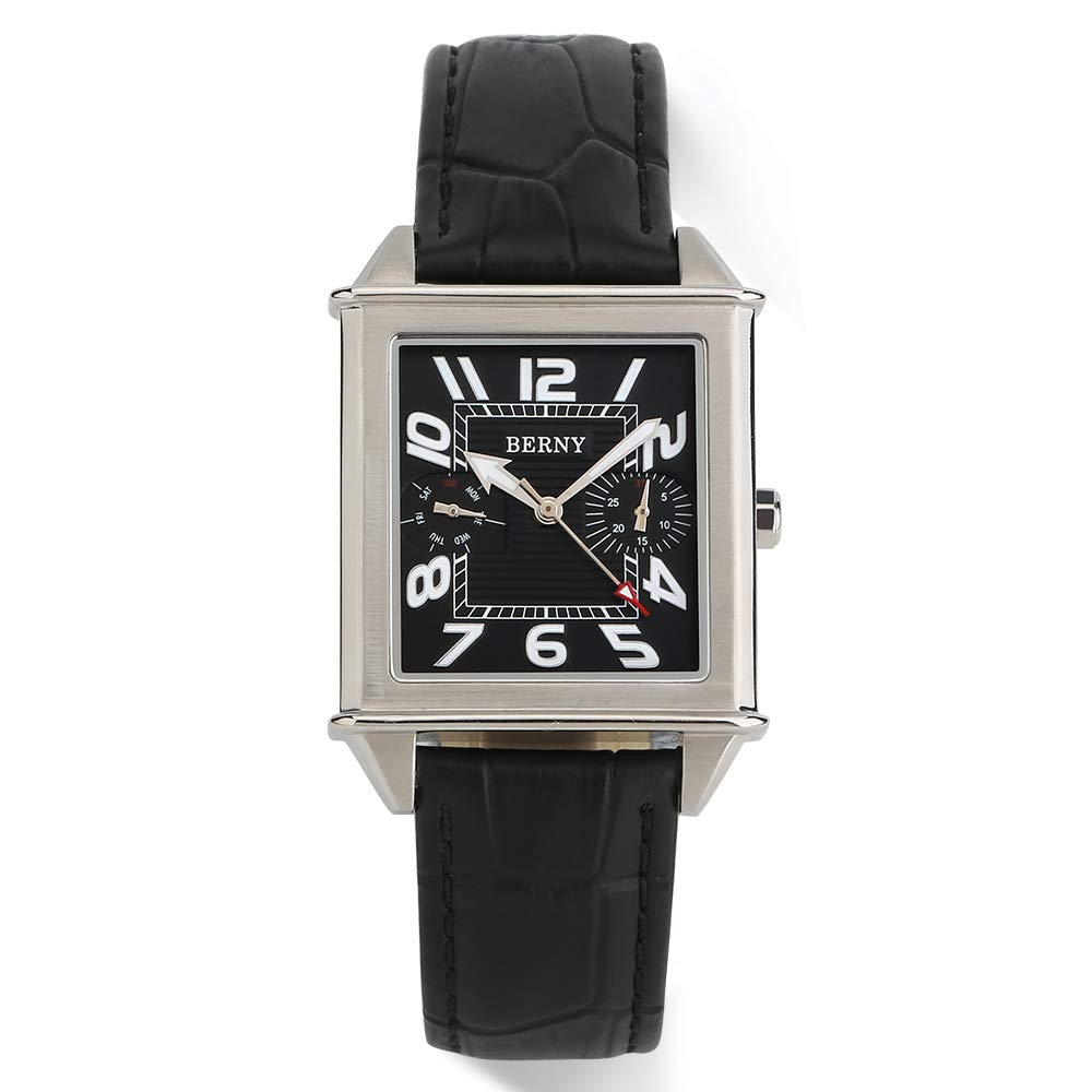 BERNY Men's Square Quartz Watch with Calendar & Leather Strap - Stylish Business & Casual Timepiece for Office, Dating & Everyday Wear