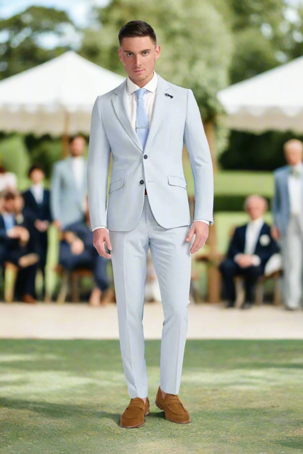 Cavani Siren Men's Seersucker Sky Blue 2 Piece Suit - Lightweight Summer Wedding & Business Formal Attire for Outdoor Events