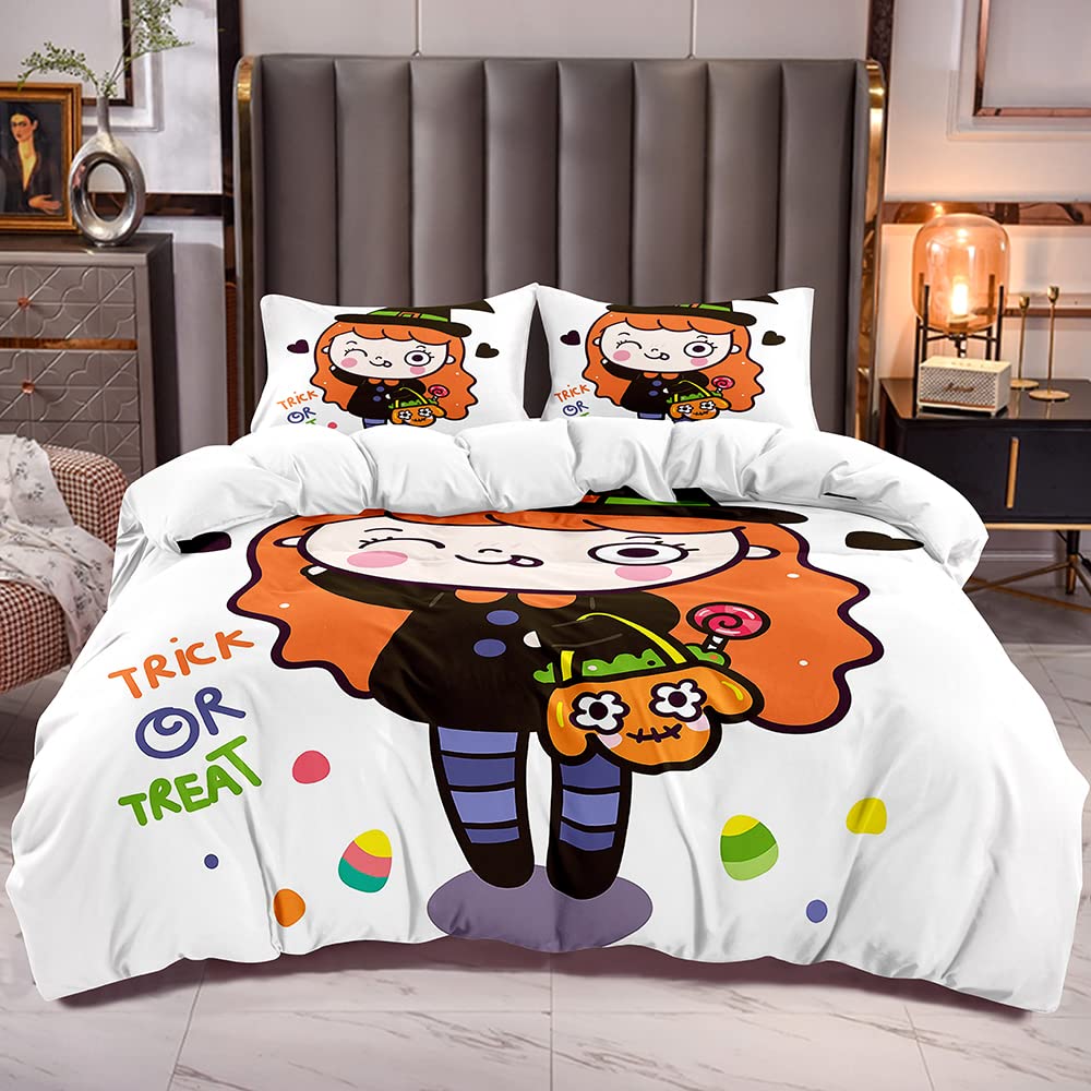 Kawaii Halloween Girl Print Queen Duvet Cover Set - 3PCS Microfiber Soft Comforter Cover with 2 Pillowcases - Cartoon Painting Bedding for Kids' Room Decor - Perfect for Halloween Themed Bedrooms & Sleepovers