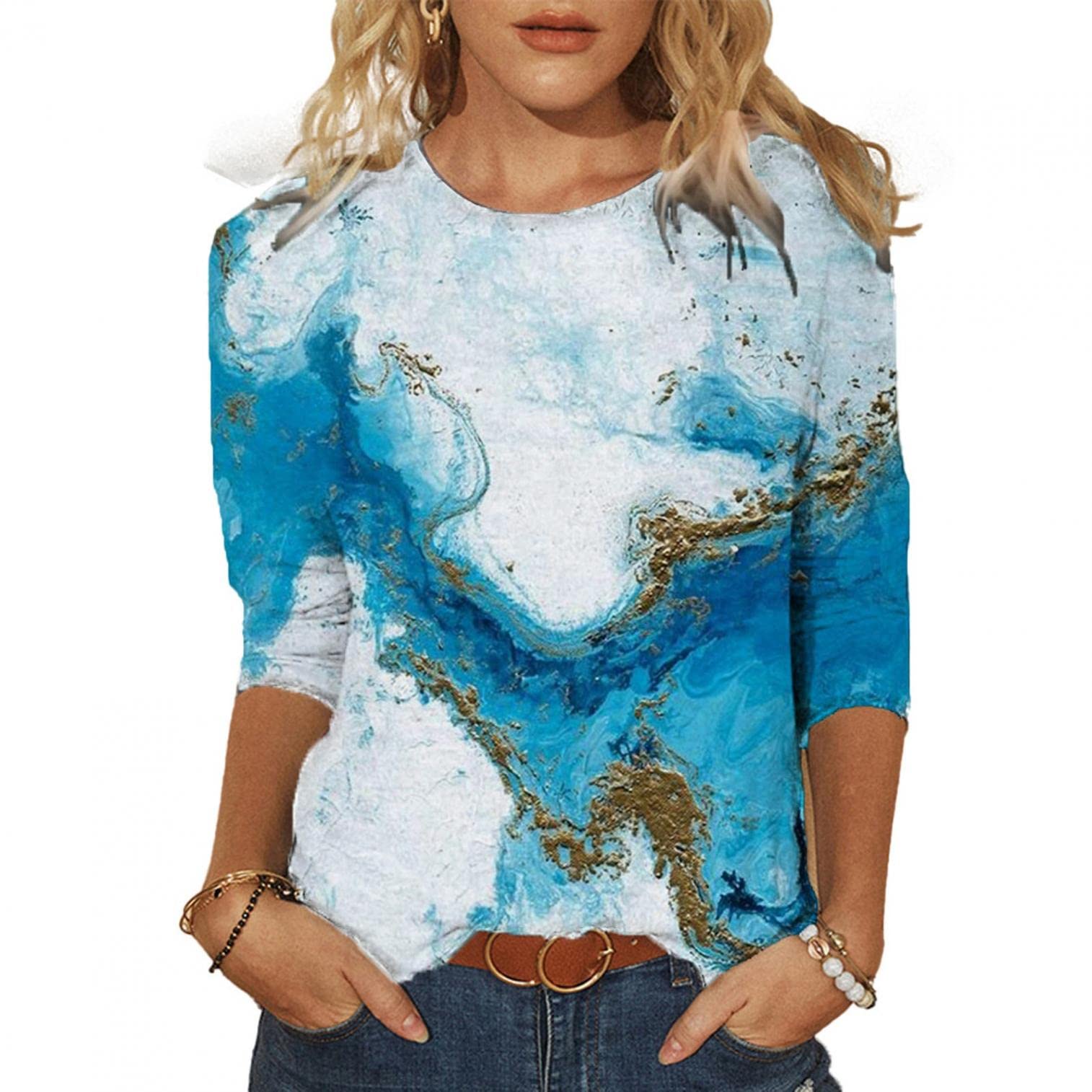 Butterfly Printed 3/4 Sleeve Women's Graphic Tee - Soft Crewneck Casual T-Shirt Top for Everyday Wear, Work & Weekend Outfits