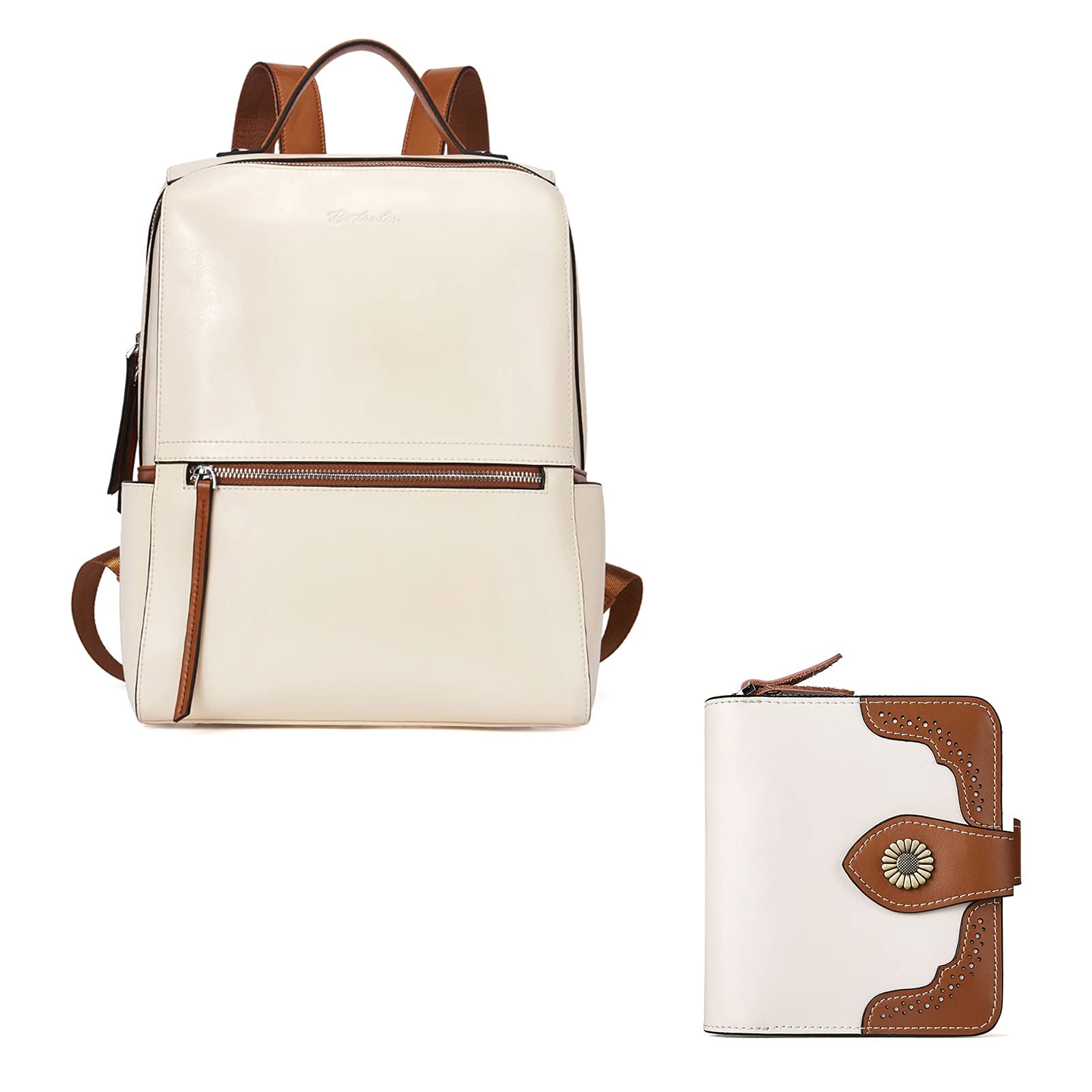BOSTANTEN Genuine Leather Backpack Purse for Women - RFID Blocking Zipper Pocket & Small Bifold Wallet Card Case - Stylish Travel & Work Accessories for Daily Use