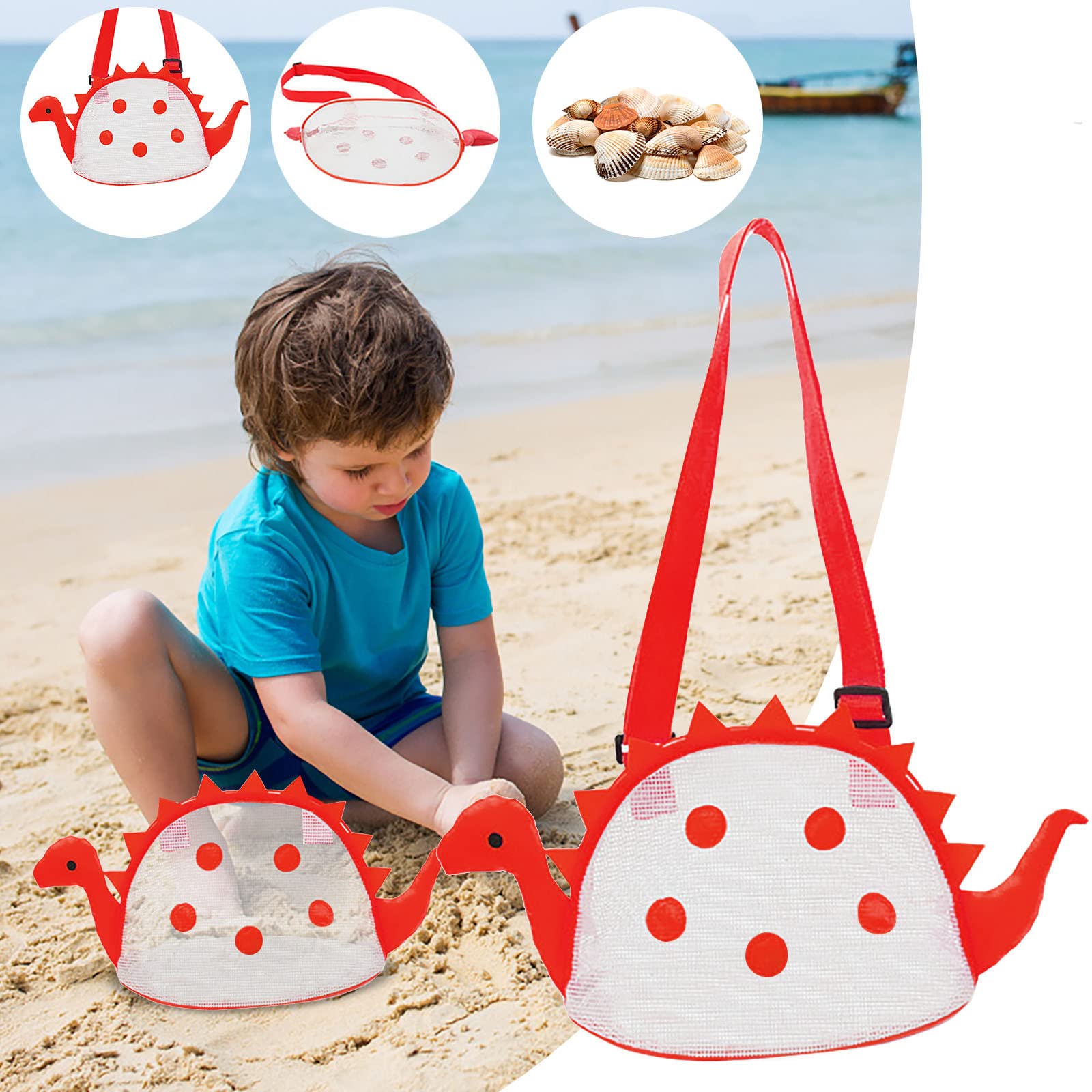 Zerlibeaful Mesh Beach Bags for Kids - Adjustable Shell Collecting Straps, Breathable Travel Storage & Vacuum Seal Bags (Red, One Size) - Perfect for Family Beach Trips, Summer Vacations & Outdoor Adventures