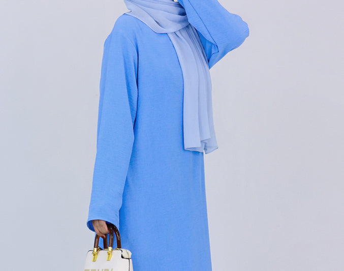 Light Blue Kira Loose Slip Dress with Pockets - Maxi Length Long Sleeve Boho Dress for Beach, Wedding & Casual Wear